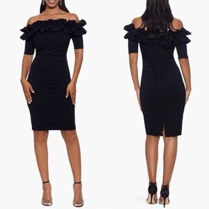 New XSCAPE BRYNLEIGH Short Scuba Crepe Ruffle Top Dress in‎ Black Size 6